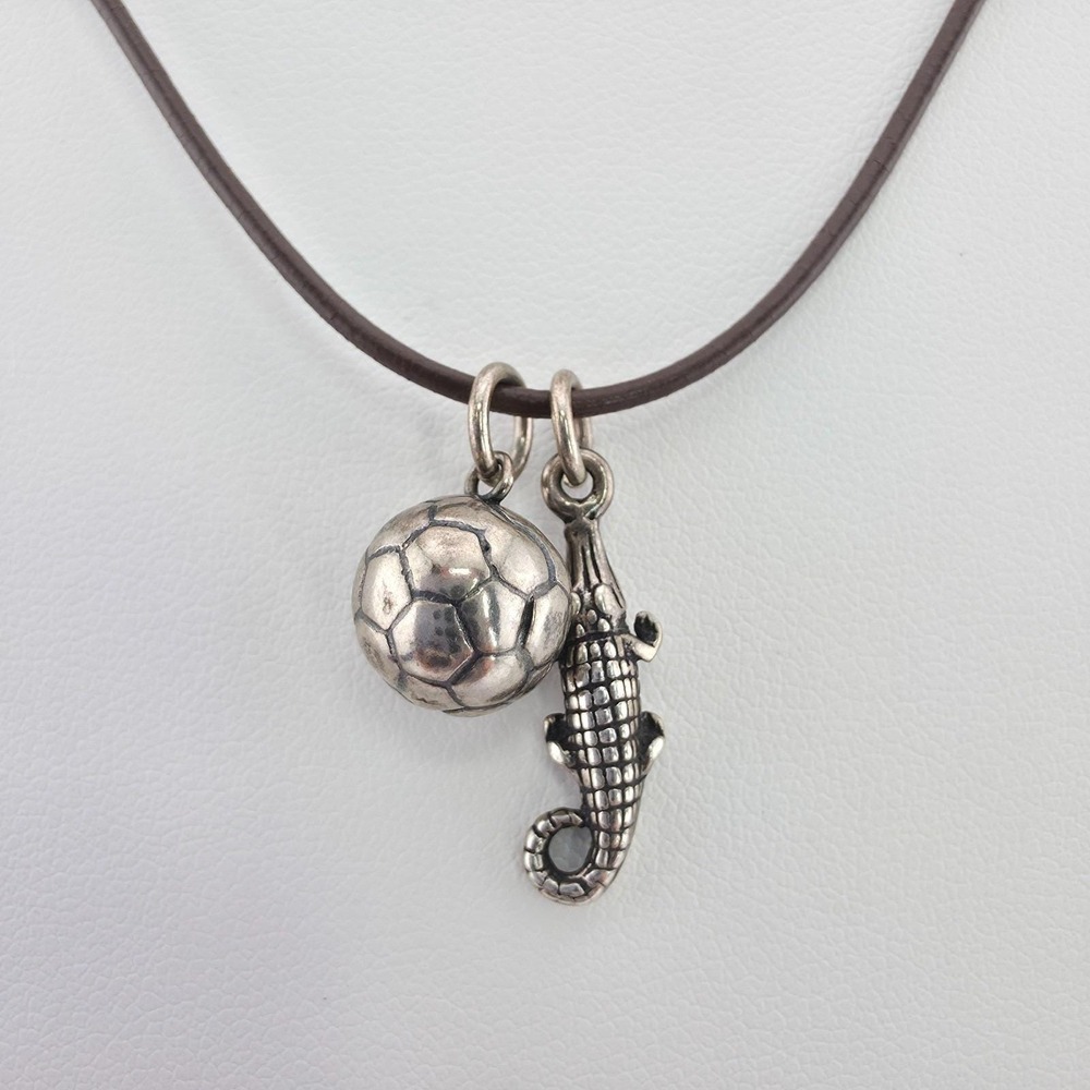 925 Sterling Silver Charm Necklace Soccer‎ Ball Crocodile Brown Leather Cord 18"